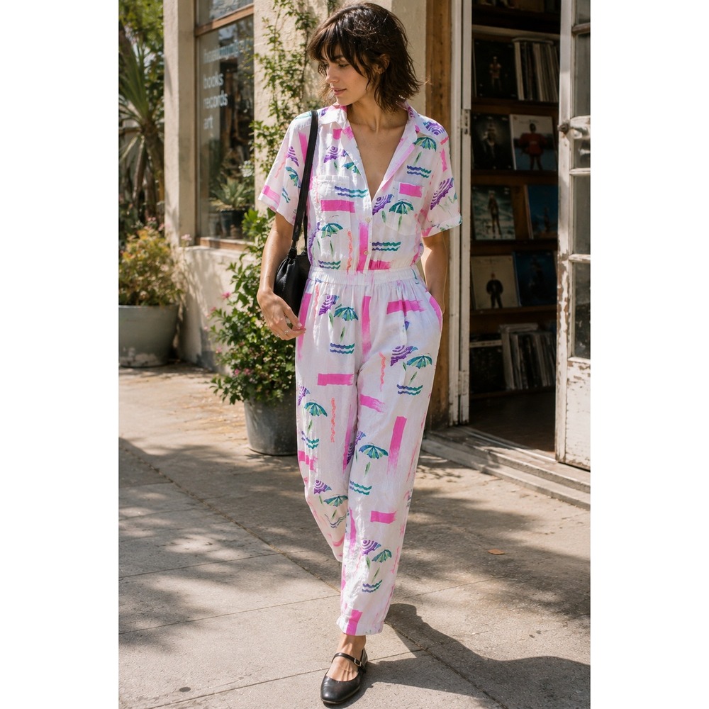 Vintage 80s Play Alegre Hand Painted Cotton Jumpsuit Beach Print M/L